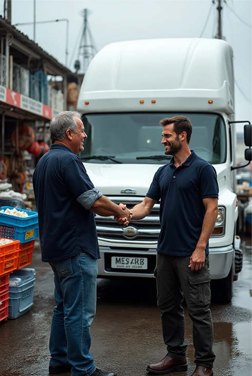 Freshmare seafood supplier and distributor shaking hands at the harbor, ensuring trusted delivery with refrigerated truck in background.