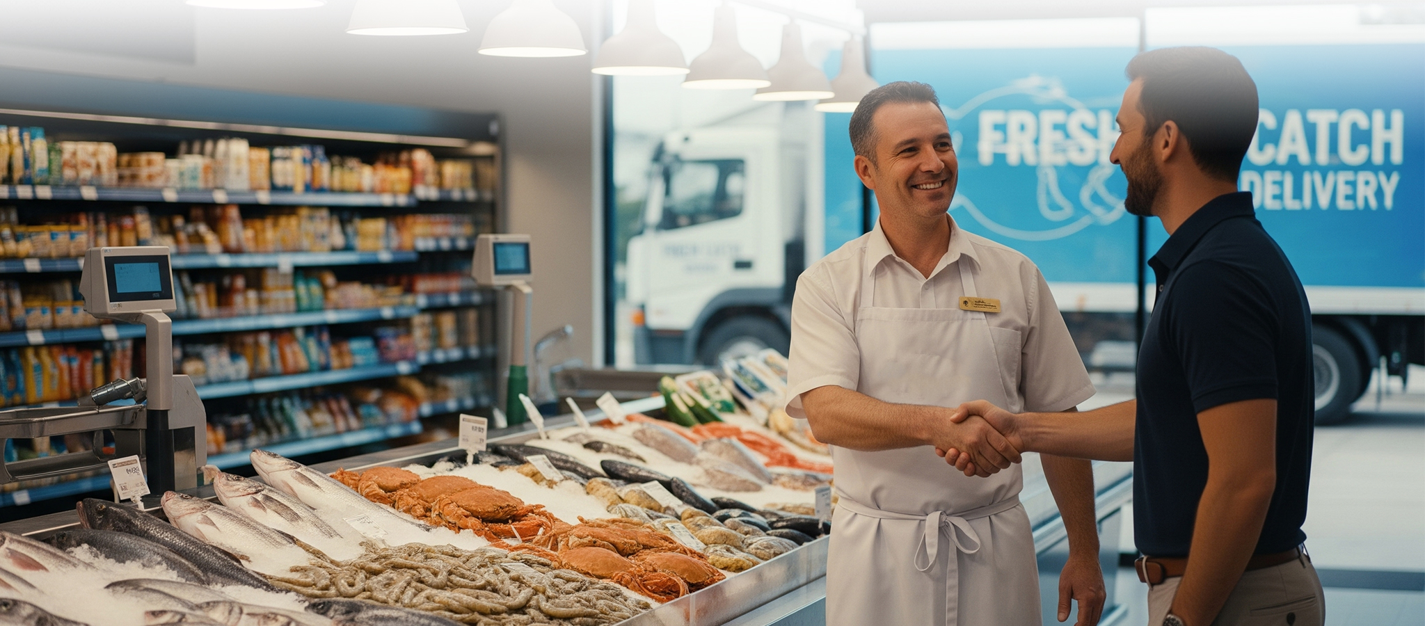 Venditore di pesce Freshmare che stringe la mano a un cliente nel supermercato, con un camion di prodotti ittici parcheggiato all’esterno.