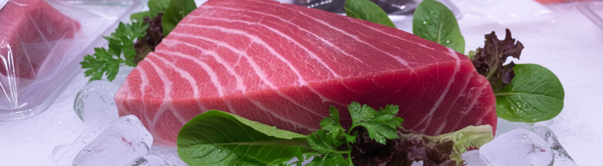 Primo piano di una bistecca di tonno premium su ghiaccio con erbe fresche.