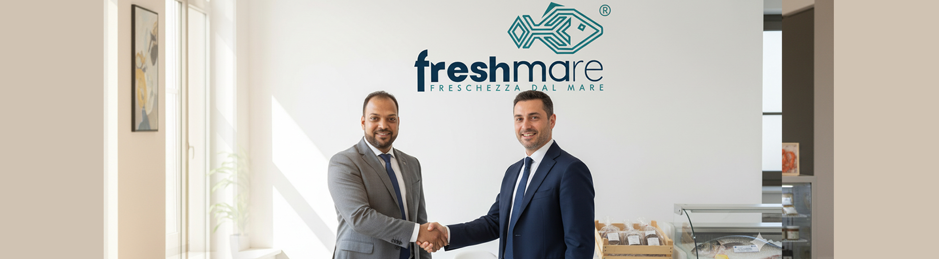 Due partner commerciali si stringono la mano in un ufficio moderno e luminoso con il logo Freshmare.it sulla parete, a simboleggiare una partnership di fiducia nel settore ittico italiano.