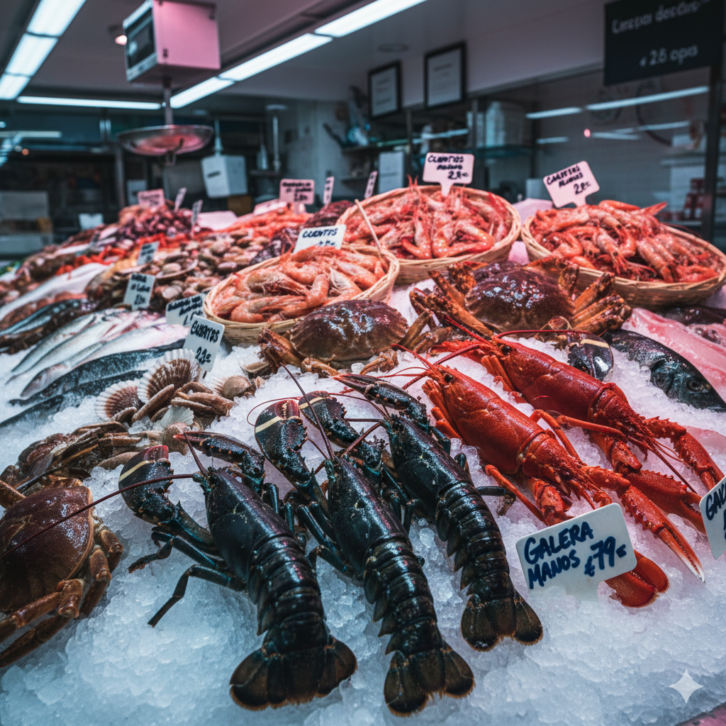Conciso: Banco del mercato del pesce fresco con aragoste, granchi, gamberi e pesci assortiti su ghiaccio.
